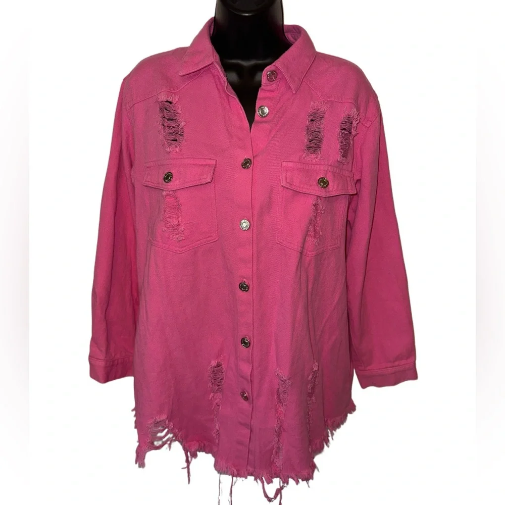 J. NNA Hot Pink Distressed Denim Shirt Shacket - Picture 1 of 3
